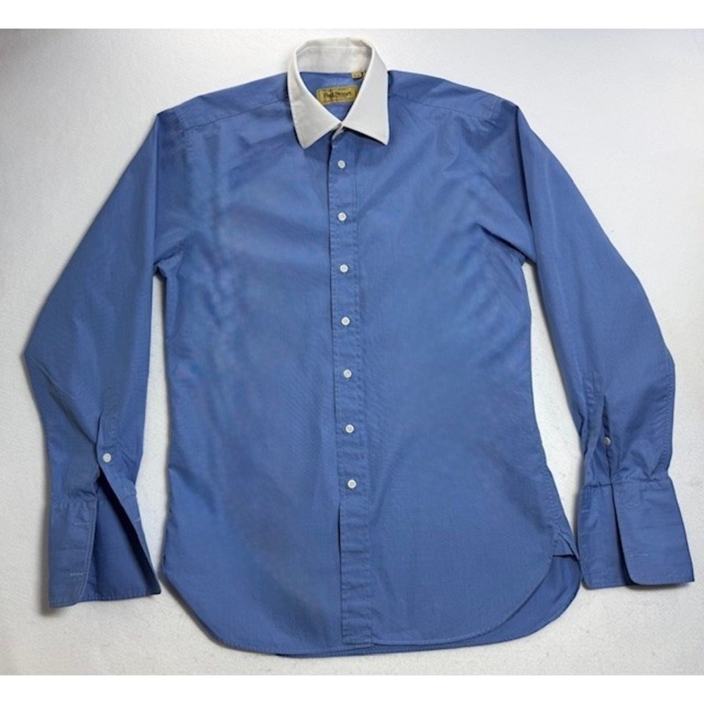Paul Stuart Mens Shirt 15 1/2 36 M Solid Blue White Collar French Cuff Button Up
